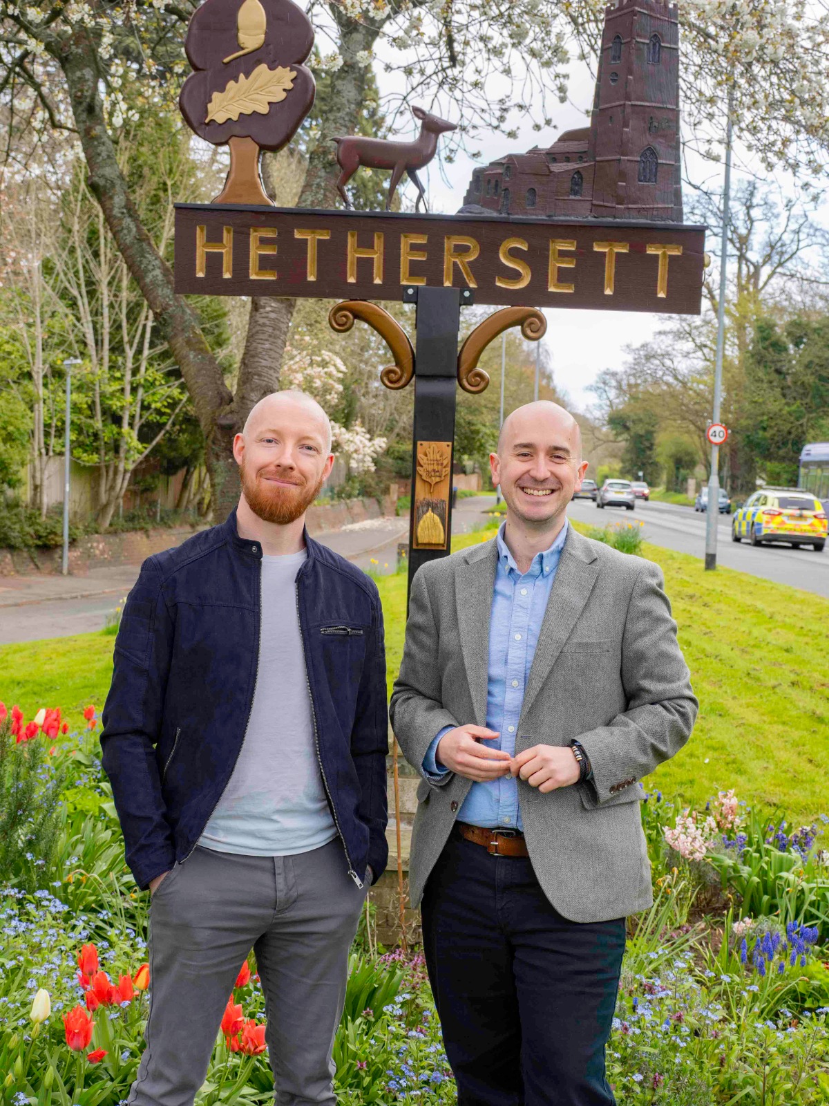 Ben Weston with Ben Goldsborough MP at the Hethersett village sign